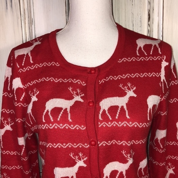Forever 21 Festive Vintage Look Reindeer Print Red And White Cardigan Sweater - Picture 4 of 5